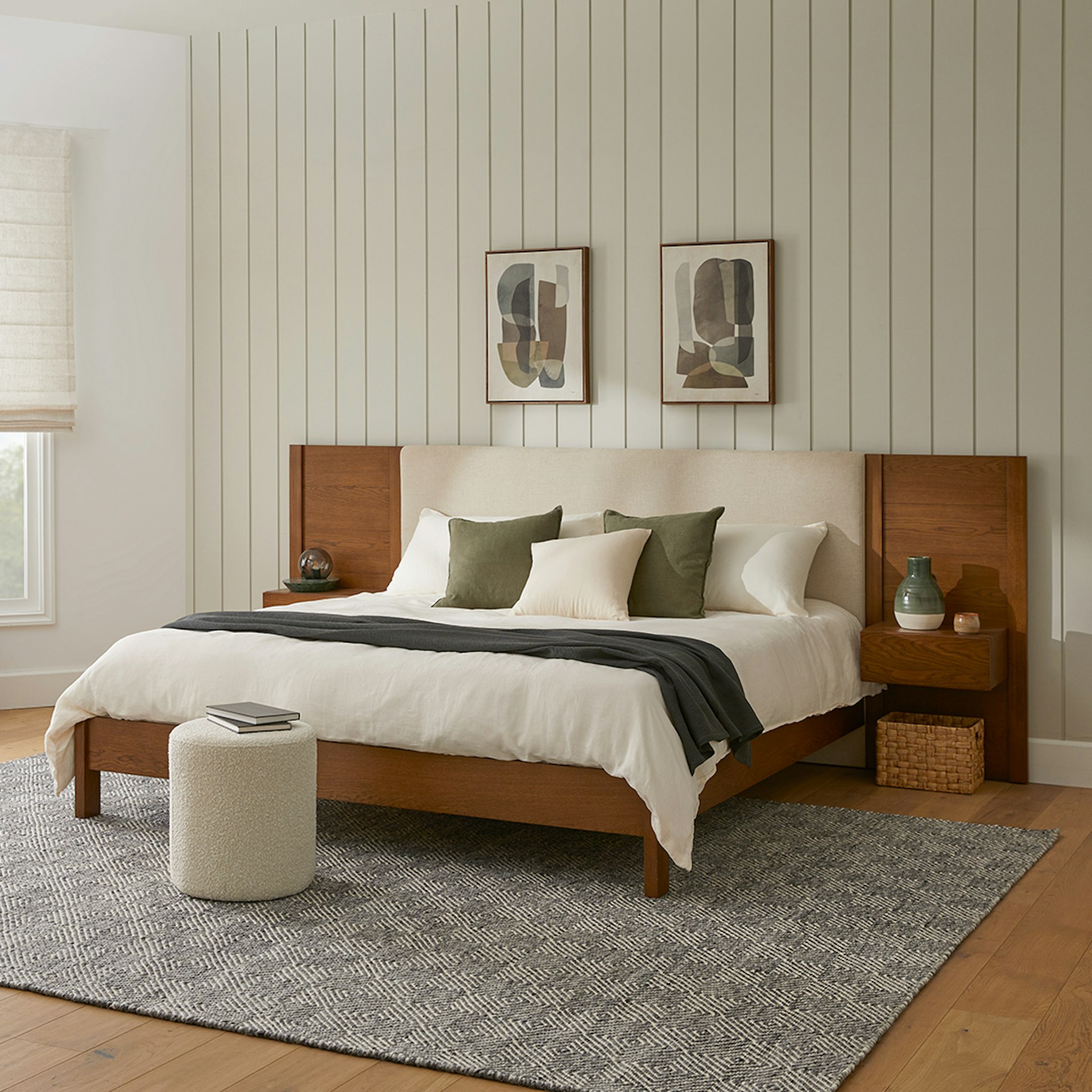 Cassie King Upholstered Bed with Nightstands - Smoked Oak and Taupe Chenille