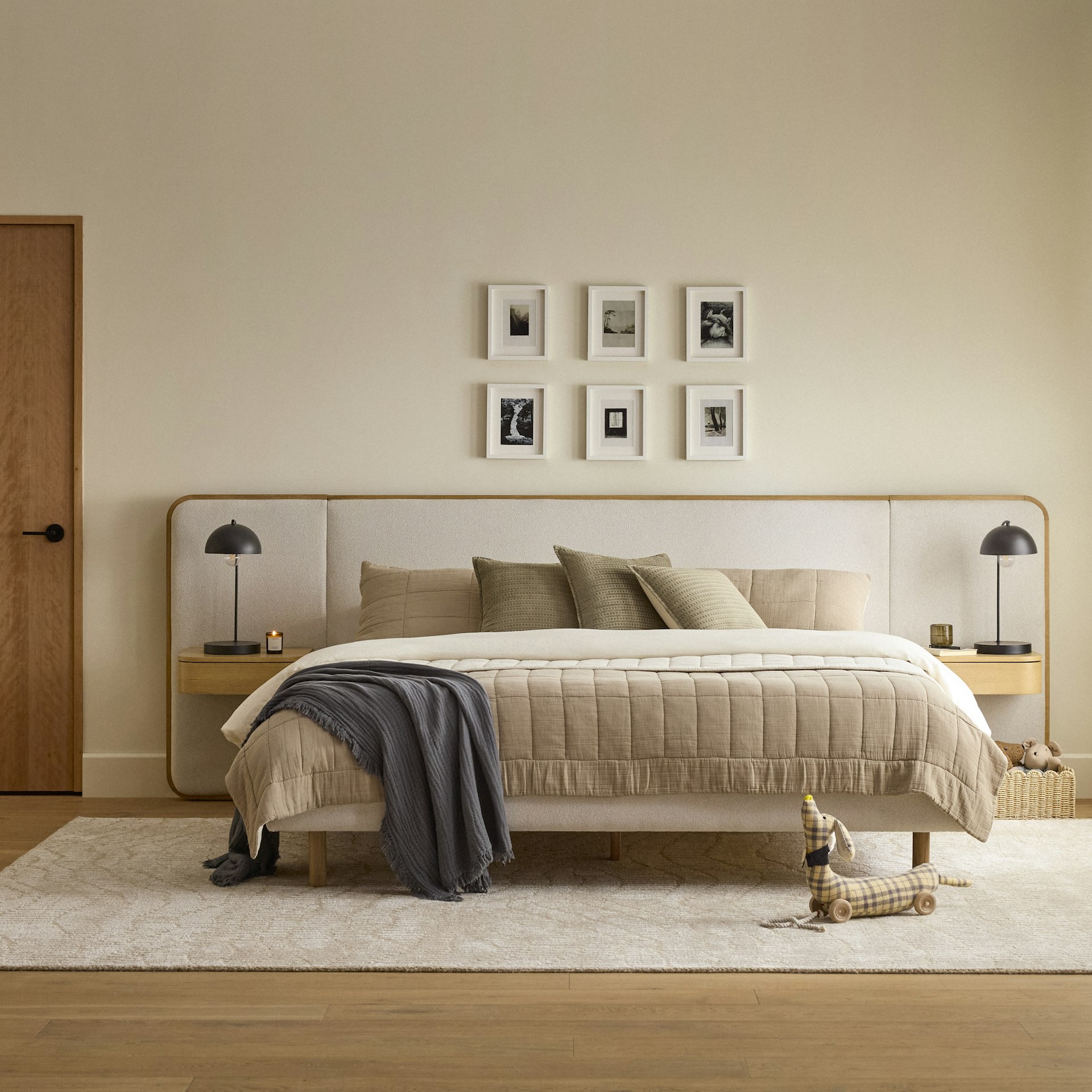 Bjorn King Upholstered Bed with Nightstands Set - White Oak and Ratine Ivory